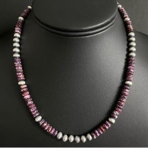 S.Silver Purple Spiny Oyster W Pears Bead Necklace